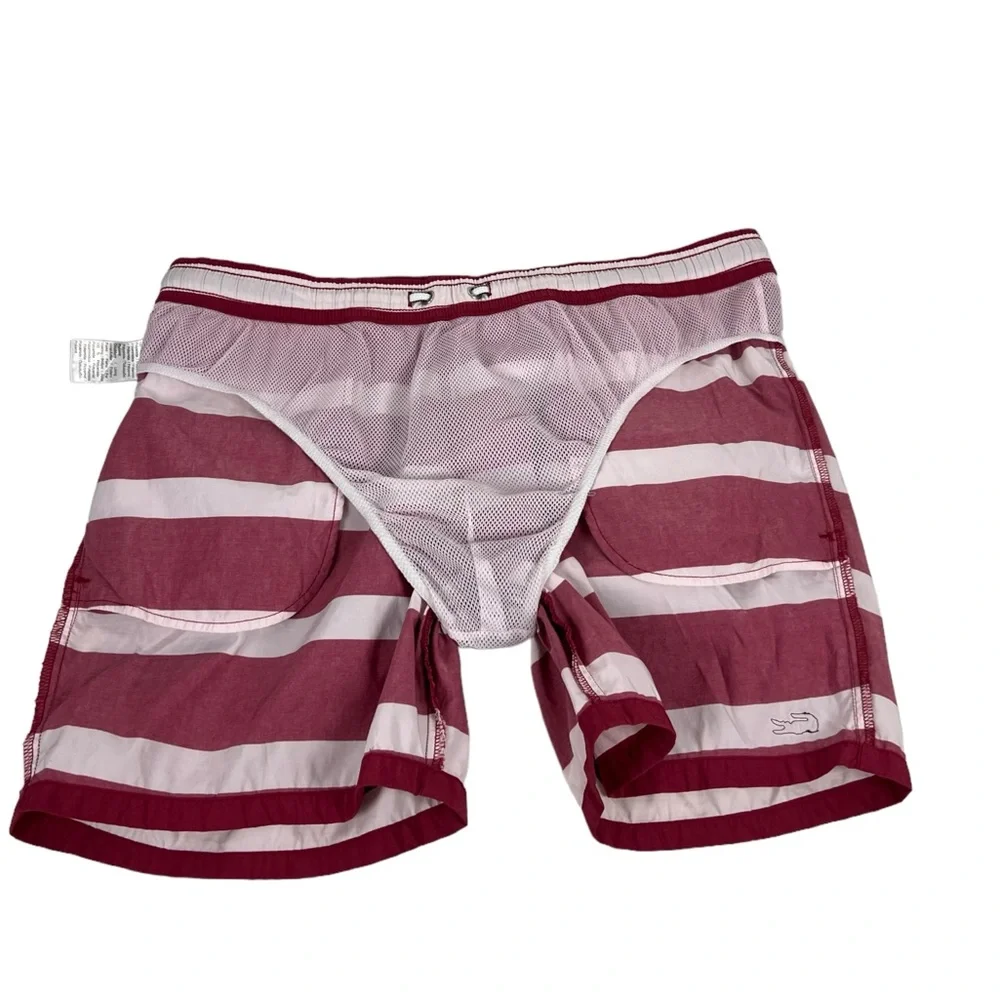 Lacoste Mens Large Swim Shorts Striped Red White 5” Inseam Polyamide Beach EUC - Picture 7 of 12